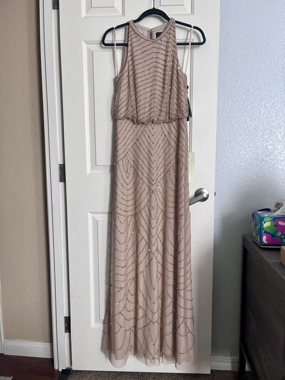 NEW Adrianna Papell Champagne Gold Beaded Sequin Mesh Halter Long Gown Sz 2